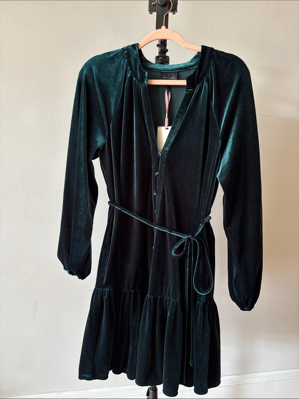 Alex Marie Deep Teal Velvet Long-Sleeve Dress with Tie Waist